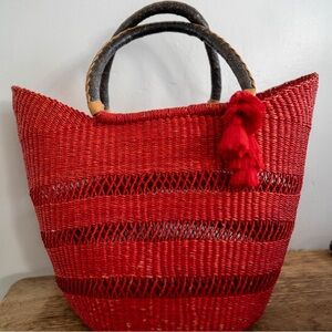 Red Handwoven Market Tote Basket Bag with Tassel